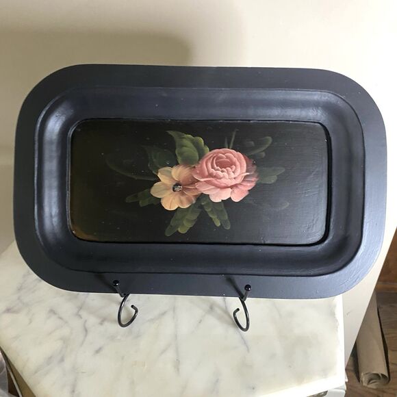 Vintage Toleware Ladies Serving Tray Painted Floral Tole Tray 13” X 8”  Romantic - Picture 1 of 7